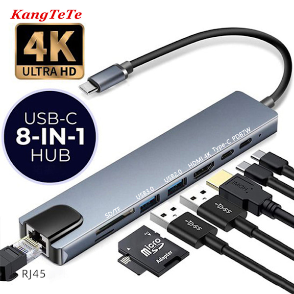 5/6/7/8/11 i 1 USB C Hub med 4K HDMI-adapter og SD/TF-kortleser RJ45 PD Hurtiglading for MacBook Laptop Datamaskin 10 IN 1 pro