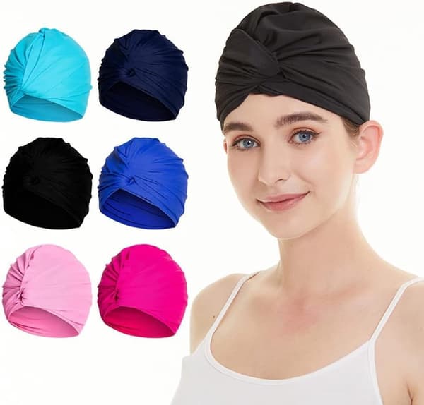 Dame plisseret turban badehætte, blød elastisk polyester hårdækning til langt hår, pool, spa, strand og brusebad, rosenrød