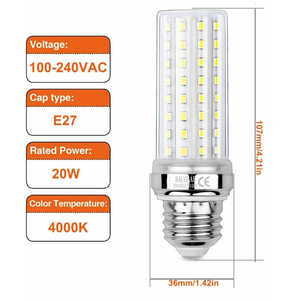 Paket 20W LED Majslampor, Motsvarar 150W Glödlampa, 2300LM, 4000K Neutralvitt, E27 Edison Skruvlampor