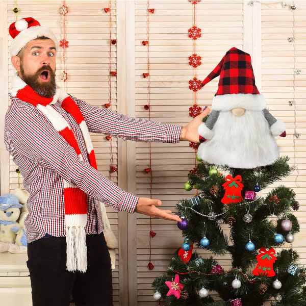 Tomte Julgranstopp Handgjord Tomte Jultomtar Ornament Julgransdekorationer, Skandinaviska Julgransprydnader med Rutiga Hattar för H