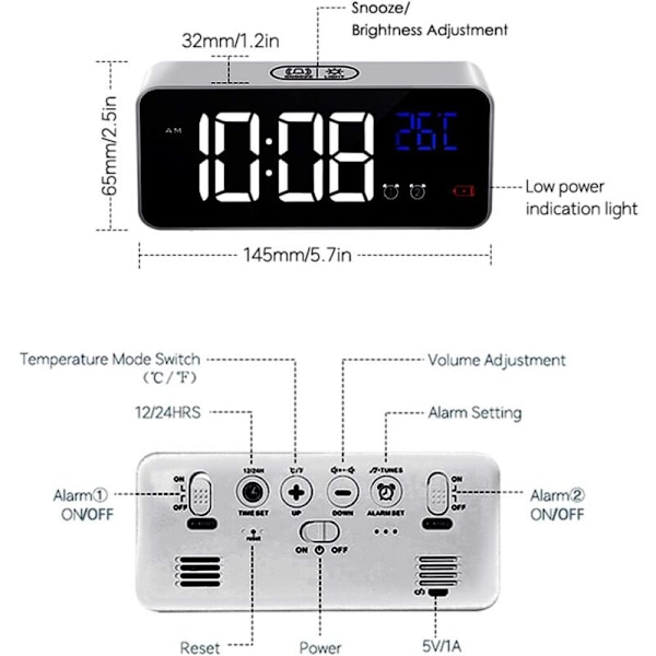 Digital väckarklocka med stor LED-temperaturdisplay, portabel spegelväckarklocka med dubbla alarm (Silver)