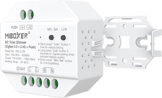 Miboxer TRI-C1ZR AC Triac lysdæmpermodul, Zigbee 3.0 + 2.4G + Push Dimming Smart lyskontakt, 100-240V til Smart Home LED-belysning