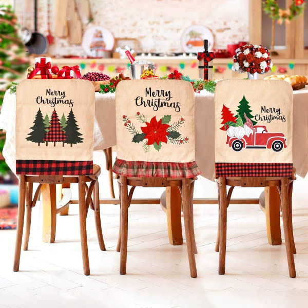 Julöverdrag Set med 3 st Matsalsstolsöverdrag för Jul Linne Matstolsöverdrag Julgran Blomma Cover