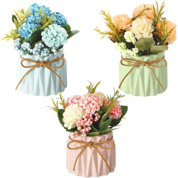 Galaxy 3 stk kunstige hortensia bukett med liten keramisk vase falske sideblomstrede baller Blomster dekorasjon