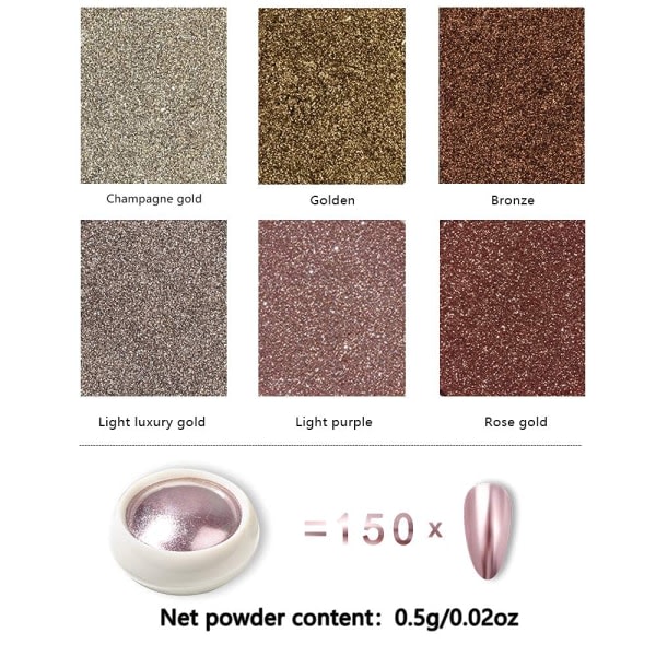 Galaxy Rose Gold Chrome Glitter Powderr, Chrome Pigment for nail art og nybörjare i nageldesign (pakke med 6)