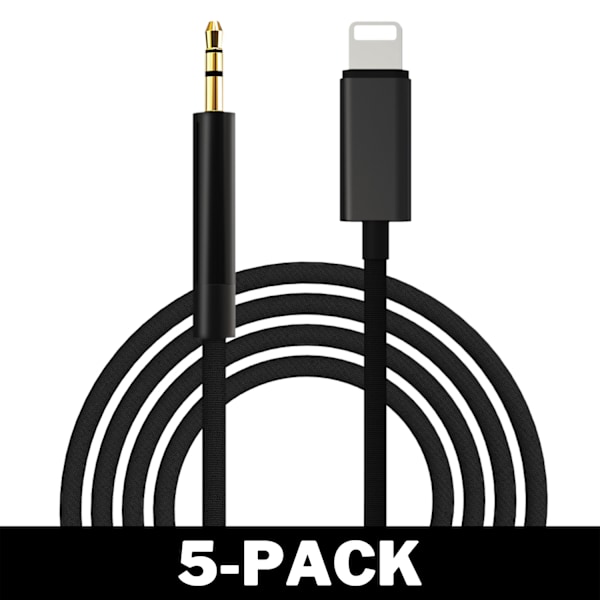 2M Lightning til AUX 3.5mm Kabel/Adapter Bil Sort 5-Pack