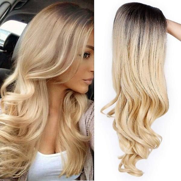 TG Lang krøllete parykk Bølgete parykk 2-tone blond parykk Varmebestandig