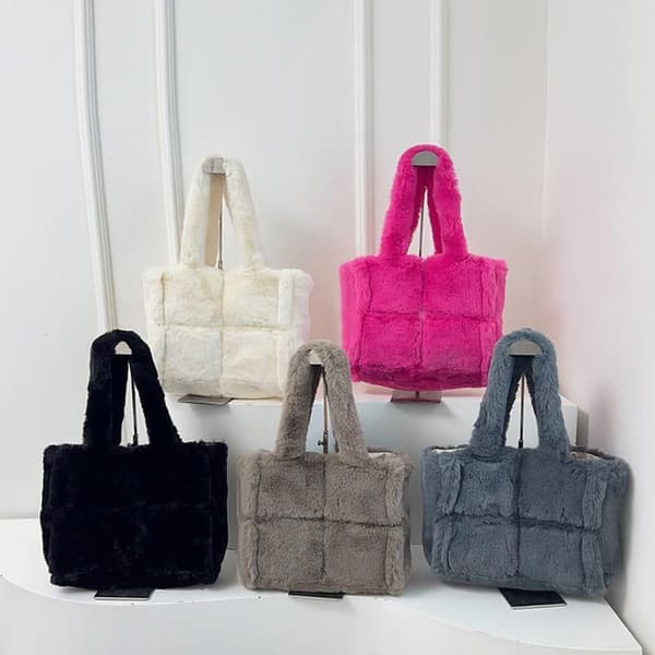 Bløde plys håndtasker imiteret pels ensfarvede shopper tasker julegaver grå_yux gray