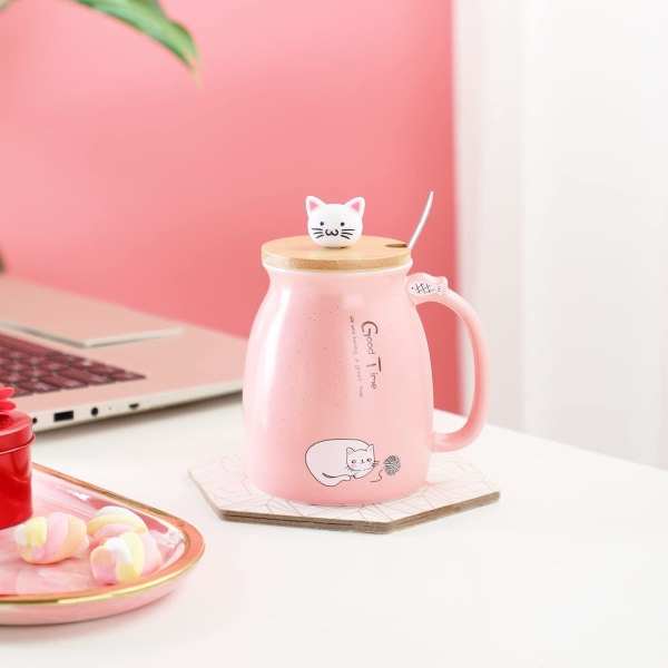 Katte Kopsæt Keramisk Kaffe Kop med Sødt Kitty-lås Rustfrit Ske, Nyhed Morgenkop Te Mælk Julekop Gave 380ML (Rosa)