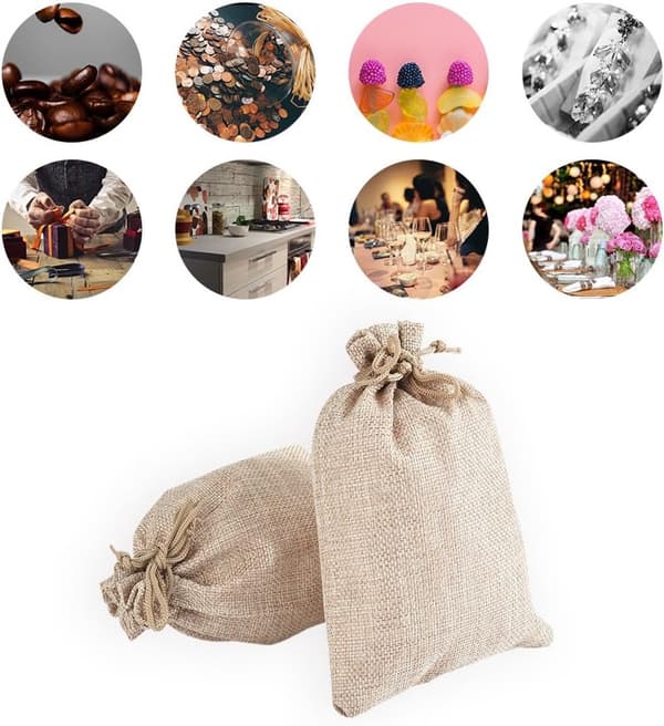Jutepåsar - 30-pack - Jutepåsar - Återanvändbara - Presentpåse med dragsko - 3 x 18 cm - Beige