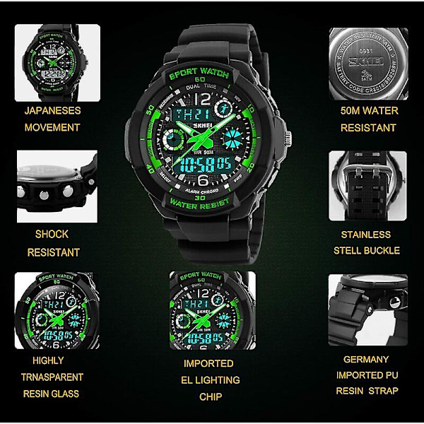 Digitala klockor för barn pojkar - 50 m vattentät utomhussport analog watch med larm/timer/dubbel tidszon/led-ljus