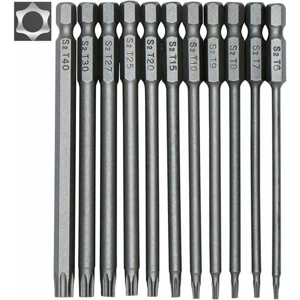 11 Dele Langt Torx Skruetrækkerbitsæt - Magnetiske Bits - 1/4\" Hex Skaft - Størrelser T6 til T40 - 100mm Længde