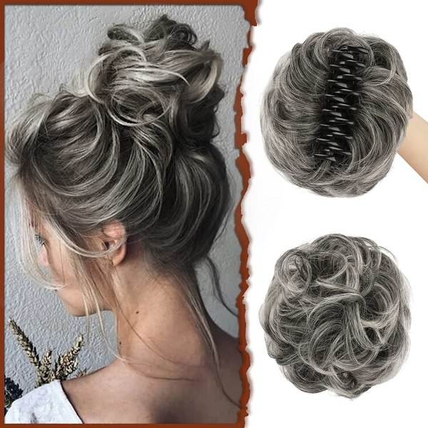 TG Claw Clip Messy Bun Hårstykke for kvinner, grått og hvitt