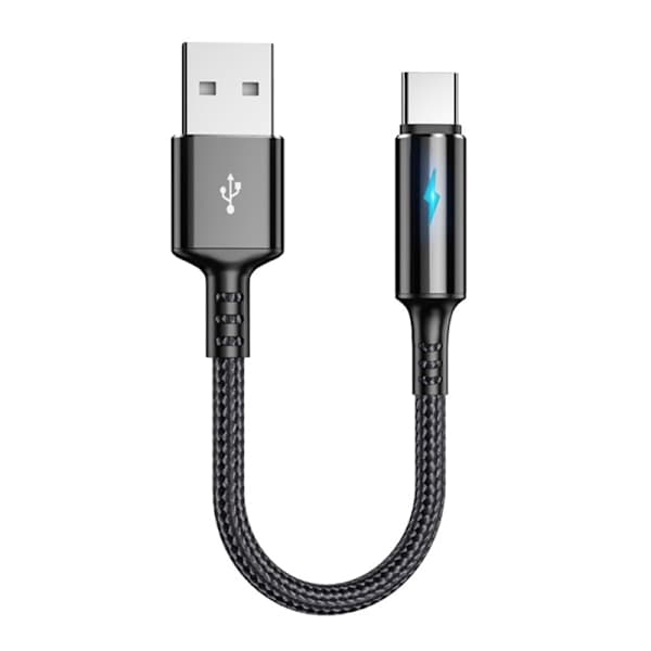 Kompakt USB-C til USB-A Opladnings- og Datakabel 2.4A Opladerkabel 25cm Kort Ledning, Materiale af Nylon og Aluminiumslegering Sort Sort 0.03