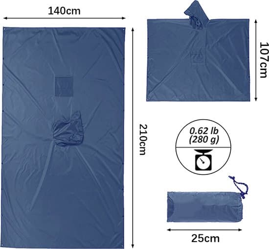 Vandtæt regnponcho med hætte, 210T polyester PU-belagt, pakbar opbevaringspose, unisex til vandreture og cykling, kongeblå