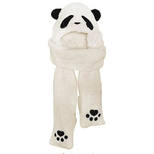 Vinter Söta Panda Hatt Halsduk Vantar 3 i 1 Plysch Huva Halsduk Vantar