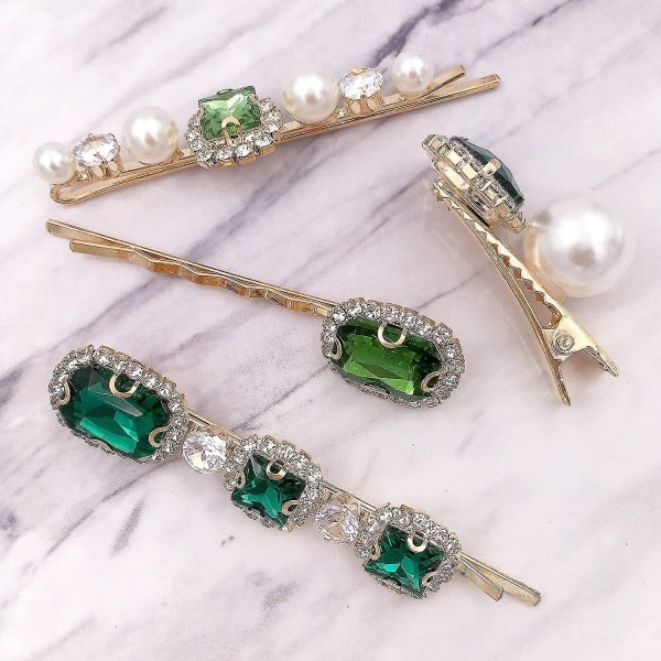 4-pack Vintage Emerald Green Crystal Pearl Blont hårklämmor Dekorativa hårklämmor Tillbehör kvinnor