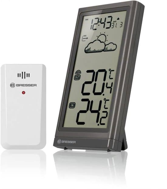 Bresser Meteo Temp trådlös väderstation med utomhussensor, stor LCD-display, inomhus- och utomhustermometer, vit