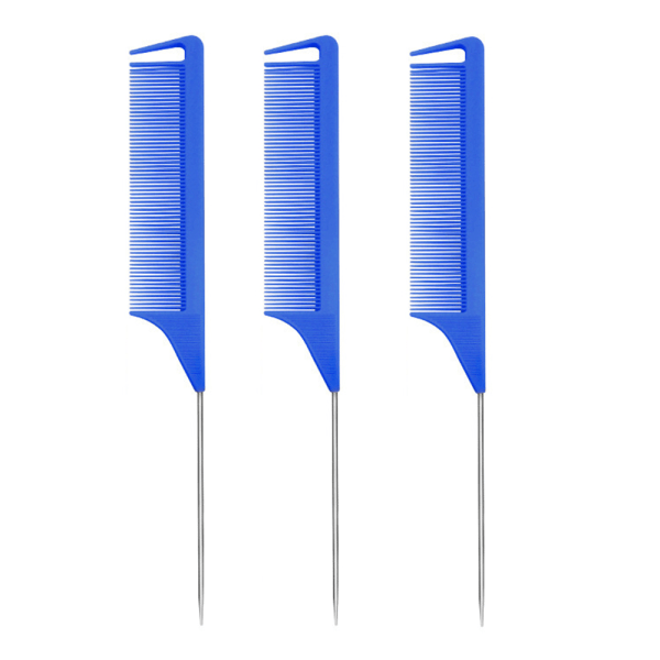 TG Rat Tail Comb Set med Delingskam: 3 stk, Lang Stålpinne Rat Tail Tease Comb, Hårkammar - Blå