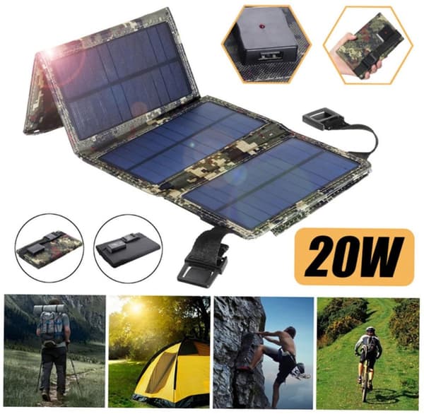 20W USB 5V Solpanel, Vikbar Utomhussolladdare för Camping, Husbilar, Båtar, Smartphones, Bärbara Datorer, Kamouflage