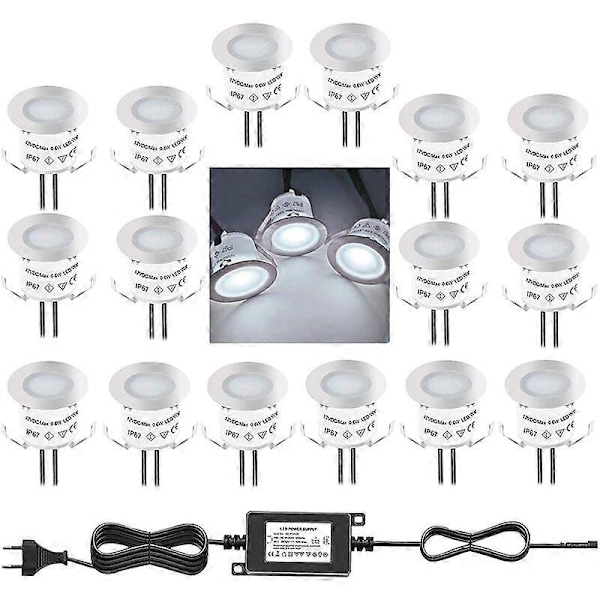 Pakke med 16 Mini Udendørs Forsænkede LED Spotlights, IP67 Vandtæt, 4500K Dagslys Hvidt Lys, 32MM 0.6W DC12V Gulvlampe til Sti Terrasse Træ Pool