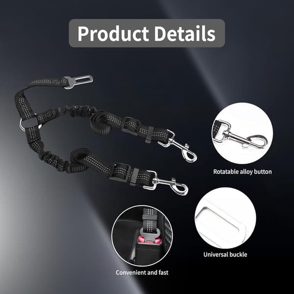 2,5*70cm - Svart - Hundsele - Säkerhetsbälte för husdjur - Justerbart säkerhetskoppel - med elastisk bungee-buffert - Reflex - Inget trassel