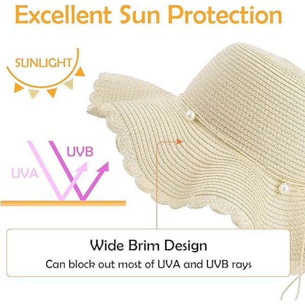 Beige stråhat til kvinder, foldbar solhat UV-beskyttelse, sommerstrand