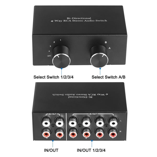 4-veis dobbelt retnings RCA Stereo Audio Switch 2 Inn 4 Ut eller 4 Inn 2 Ut L/R Jack Lydkanal RCA Audio Switcher Selector