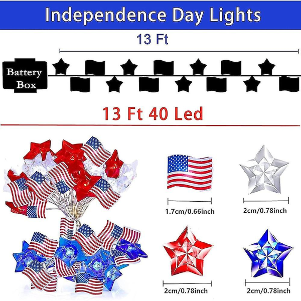 4. juli 13ft 40LEDs Rød Hvit Blå Lyslenke