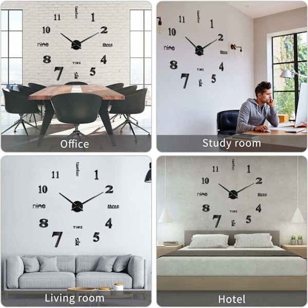 3D Seinäkello, DIY Digitaalinen Seinäkello, Hiljainen Liike, Moderni Design Seinäkello, Jättimäinen Seinäkello Makuuhuoneeseen Keittiöön Olohuoneeseen (60-120 cm), Musta