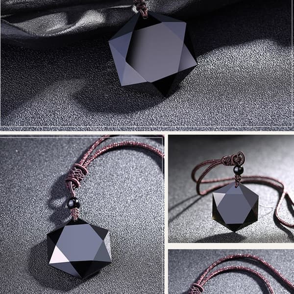 Svart obsidian sten hexagram form hänge halsband_yu