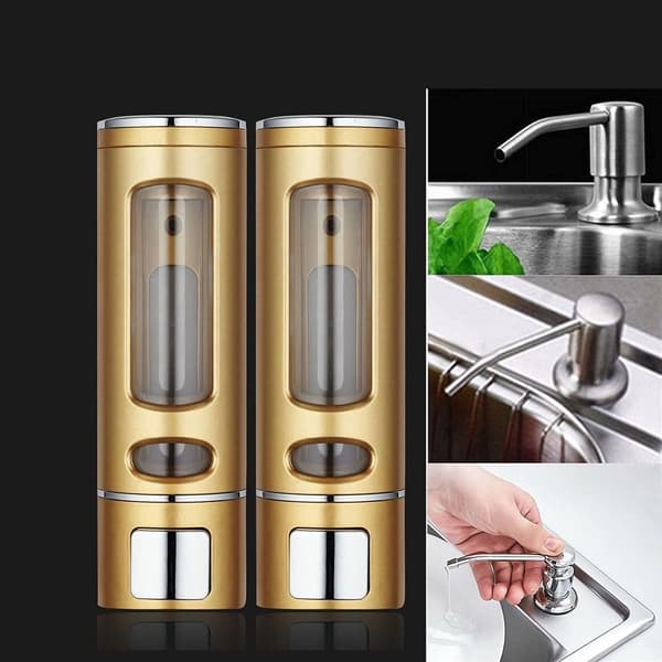 Väggmonterad tvåldispenser, set om 2, 400 ml manuell handtvål schampo duschgeldispenser, låsbar design, guld, för badrum kök hotell kontor