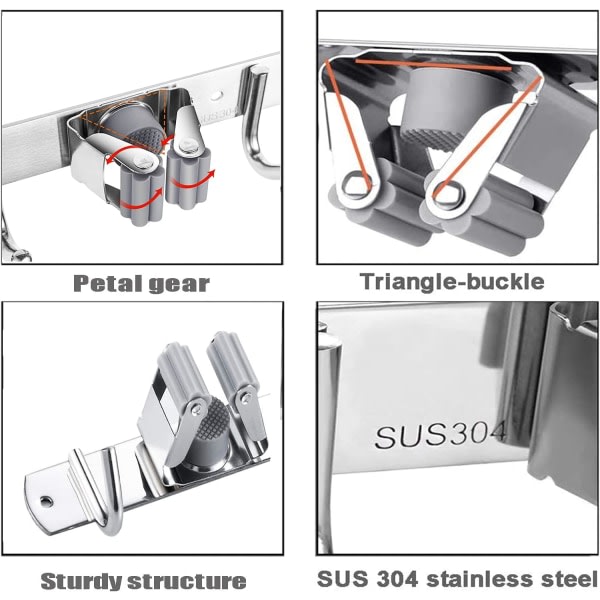 Galaxy Mopp- og Kvastholder Væghængt, Selvklæbende Beslag i Rustfrit Stål (3 Stænger 4 Kroge)