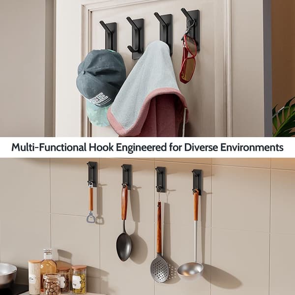 Självhäftande väggkrokar 4-pack, rostfria självhäftande dubbelkrokar, borrfria handdukskrokar för badrum, sovrum och kök, svarta