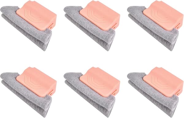 Vindussporbørstesett, vaskbart utskiftbart svamphode, PP-håndtak for vinduer, skyvedører og persienner, rosa, 6-pakning