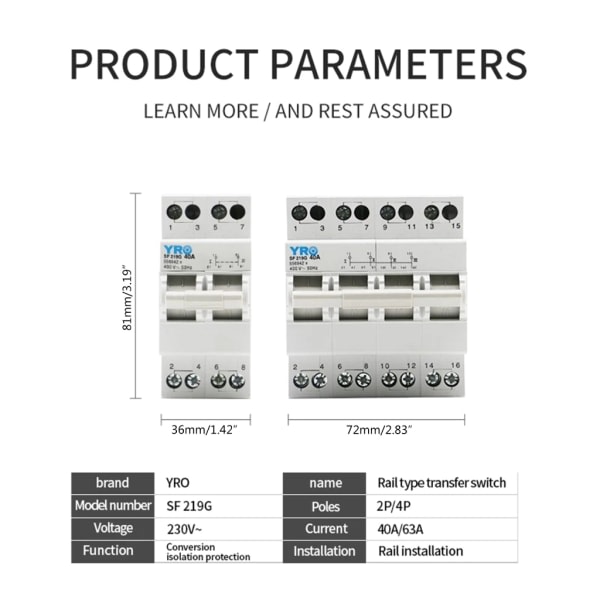 Sylinderformet sikringsholder Sikringsbase DIN-skinnemontering 40A 230V 2P Enkel installasjon Power Manuell overføringsbryter