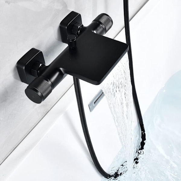 Svart Veggmontert Foss Badekararmatur, Veggmontert Foss Badekarbatteri Varmt og Kaldt Messing Badekarbatteri (Svart+Hånddusj)