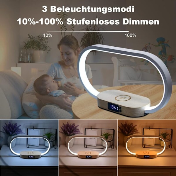 Trådløs Lader Nattbordslampe, Berøring med USB-port, Induksjonslader med Klokke, Bordlampe med 3 Fargemoduser og Dimbar, Tre & Hvit