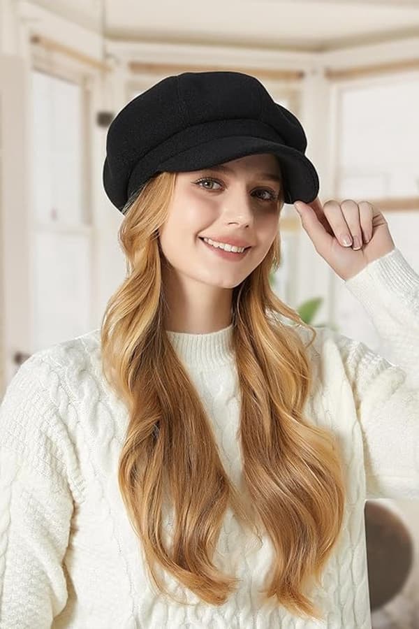 Dame Beret - Hat Vinter Varm Efterår og Ottekantet Hue Blød Justerbar med Skygge Mode Klassisk Efterår/Vinter Stil Sort_yu