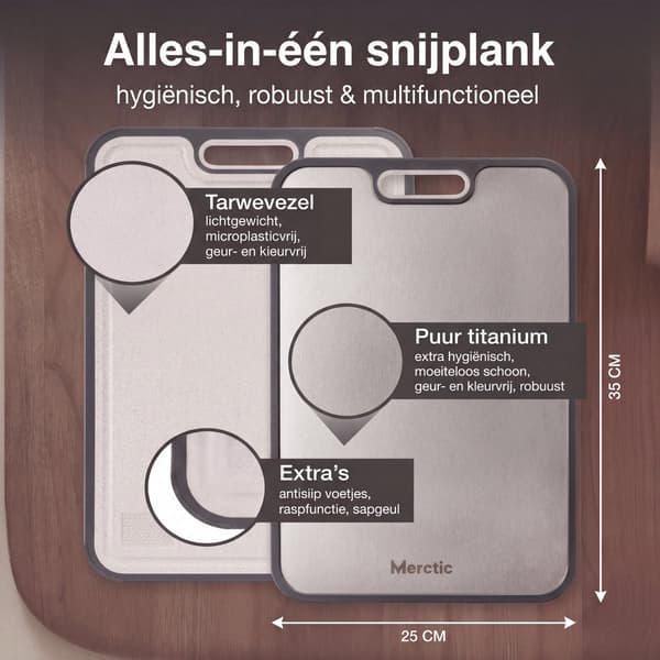 Titaniumskärbräda dubbelsidig med vetefiber, hygienisk rostfri halkfri köksskärbräda för kött och grönsaker, 35 x 25 cm grå