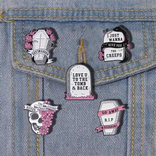 Love U To The Tomb Emalj Pins Punk Vit Kista Skelett Orm Blomma Brosch Badge Gotisk Unik Lapel Smycken Present Till Vänner