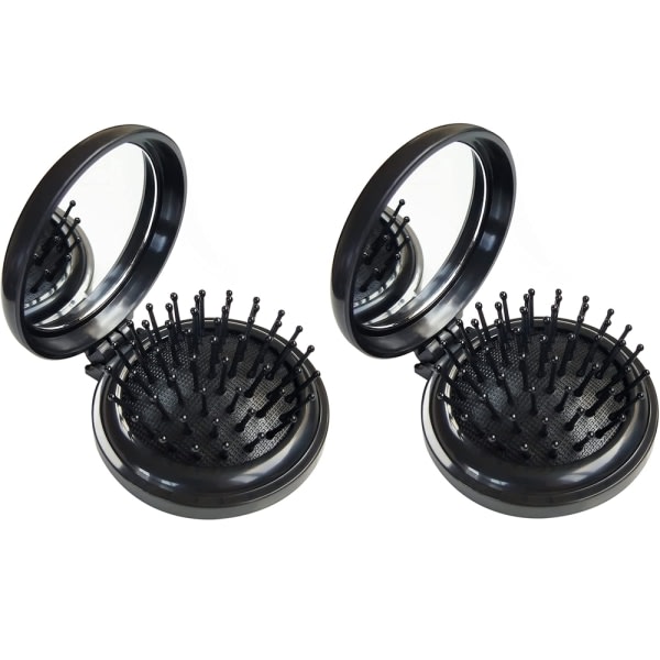 TG Vikbar hårborste med spegel, rund minikompakt massagekam Black