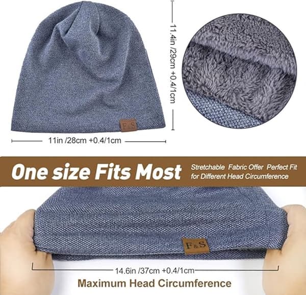 Slouchy mössa för män och kvinnor, mjuk stickad mössa med fleecefoder, varm stretchig slouch-mössa för vinter, utomhusaktiviteter, skidåkning och löpning, blågrå