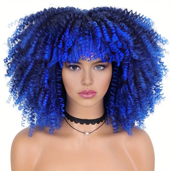 TG (Mörkblå) 14" svart lockig peruk för kvinnor, kort svart hår, freaky