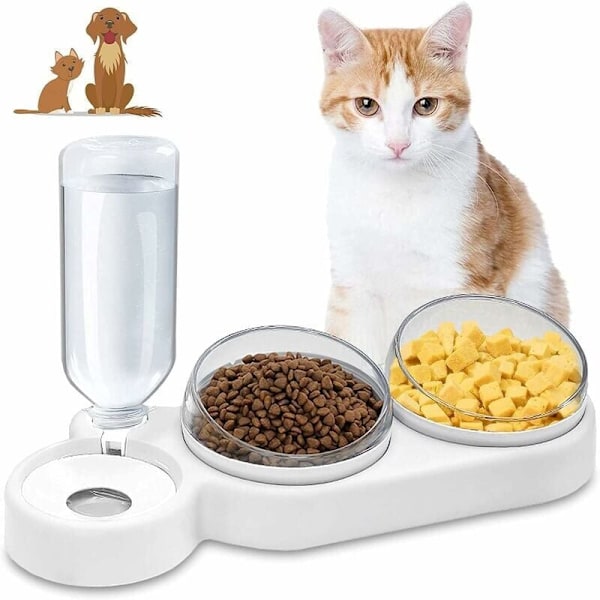 Kattmatskålar, 3 i 1 Automatisk Vattenförvaring Kattmatskålar, 15° Vinklad Dubbel Upphöjd Kattskål, Anti-Kräkning, Halkfria Djurmatskålar, D
