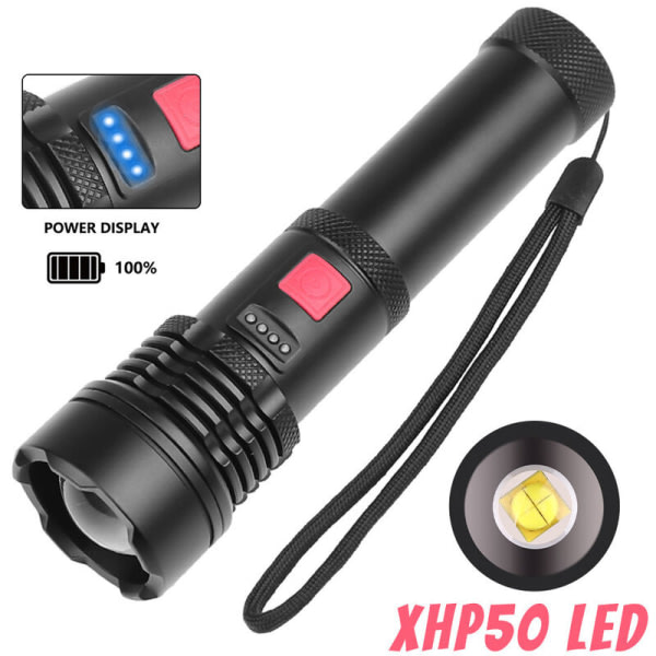 Ficklampa, extremt kraftfull 3000 lumen CREE XHP50 USB uppladdningsbar LED-ficklampa