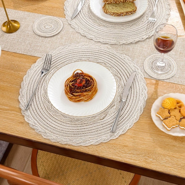 Set med 6 runda platsmattor i elfenbensvitt, tvättbara värmebeständiga bordsmattor för middag Elfenbensvit