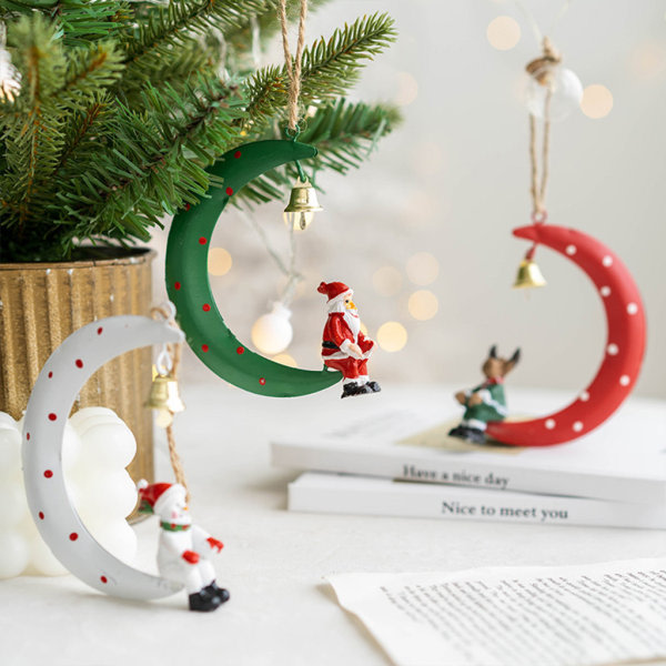 Julgranshänge Dekoration Tecknad Tomte Rensa Snögubbe på Halvmåne Hartshänge med Jingle Bell Juldekoration Vit