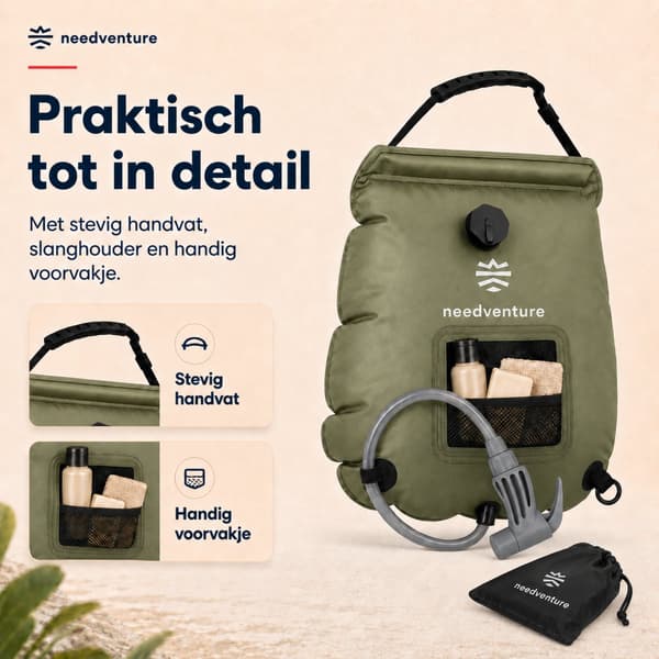 needventure Solarduschpåse 20L med termometer och duschmunstycke, bärbar campingdusch för utomhusbruk, strand, trädgård och vandring, grön