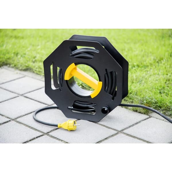 Kabeltromle til campingvogn, manuel, tom, til camping og husholdning, op til 25 m kabel, plastik, sort og gul